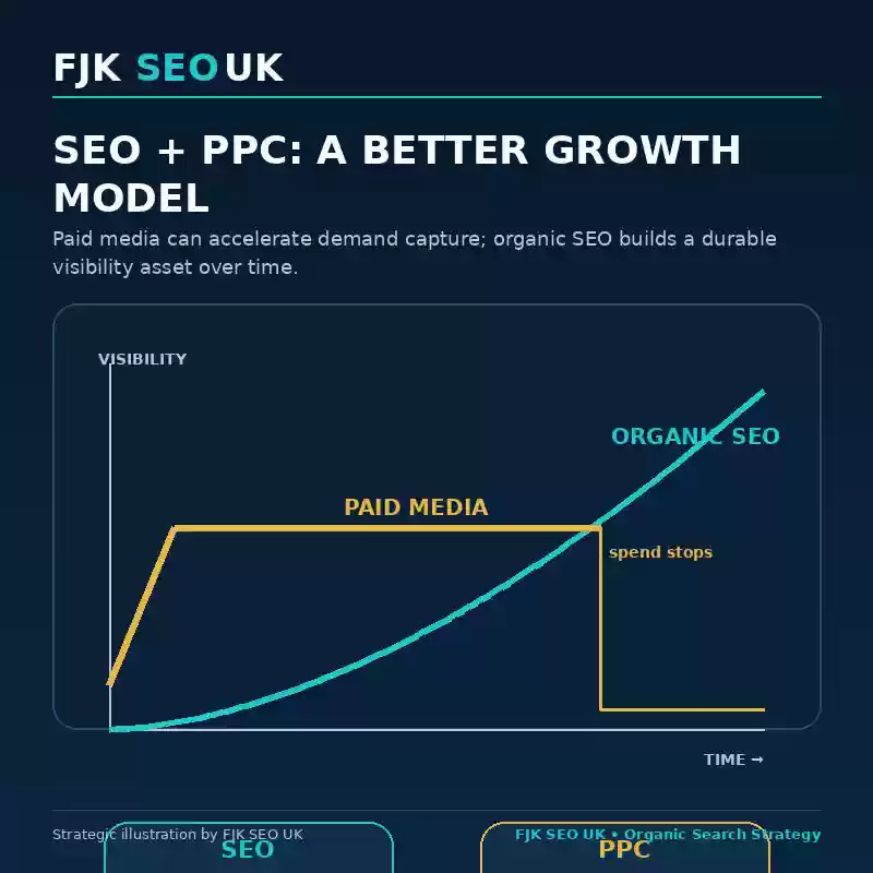 SEO and PPC comparison graphic showing paid advertising delivering immediate visibility while organic SEO builds sustainable long-term search visibility.
