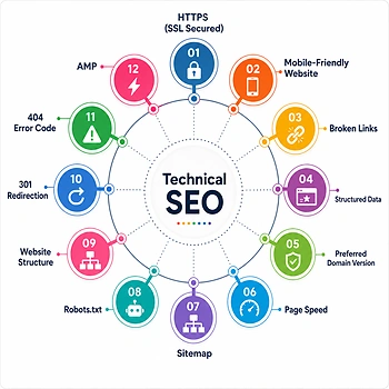 Technical SEO factors including HTTPS, mobile friendliness, broken links, structured data, page speed, sitemap, robots.txt and redirects.