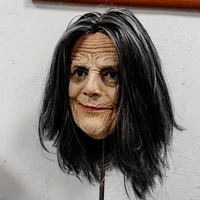 Realistic old witch Halloween mask with wrinkled face and black hair