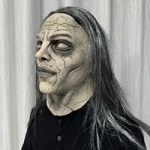 Creepy witch Halloween mask showing detailed aged face and grey hair