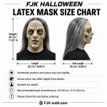 Creepy witch Halloween mask size guide with front and side views