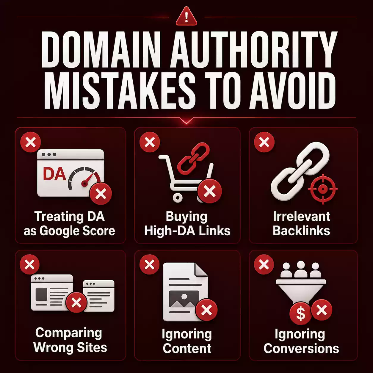 Common Domain Authority mistakes including irrelevant backlinks, incorrect comparisons and ignoring conversions.