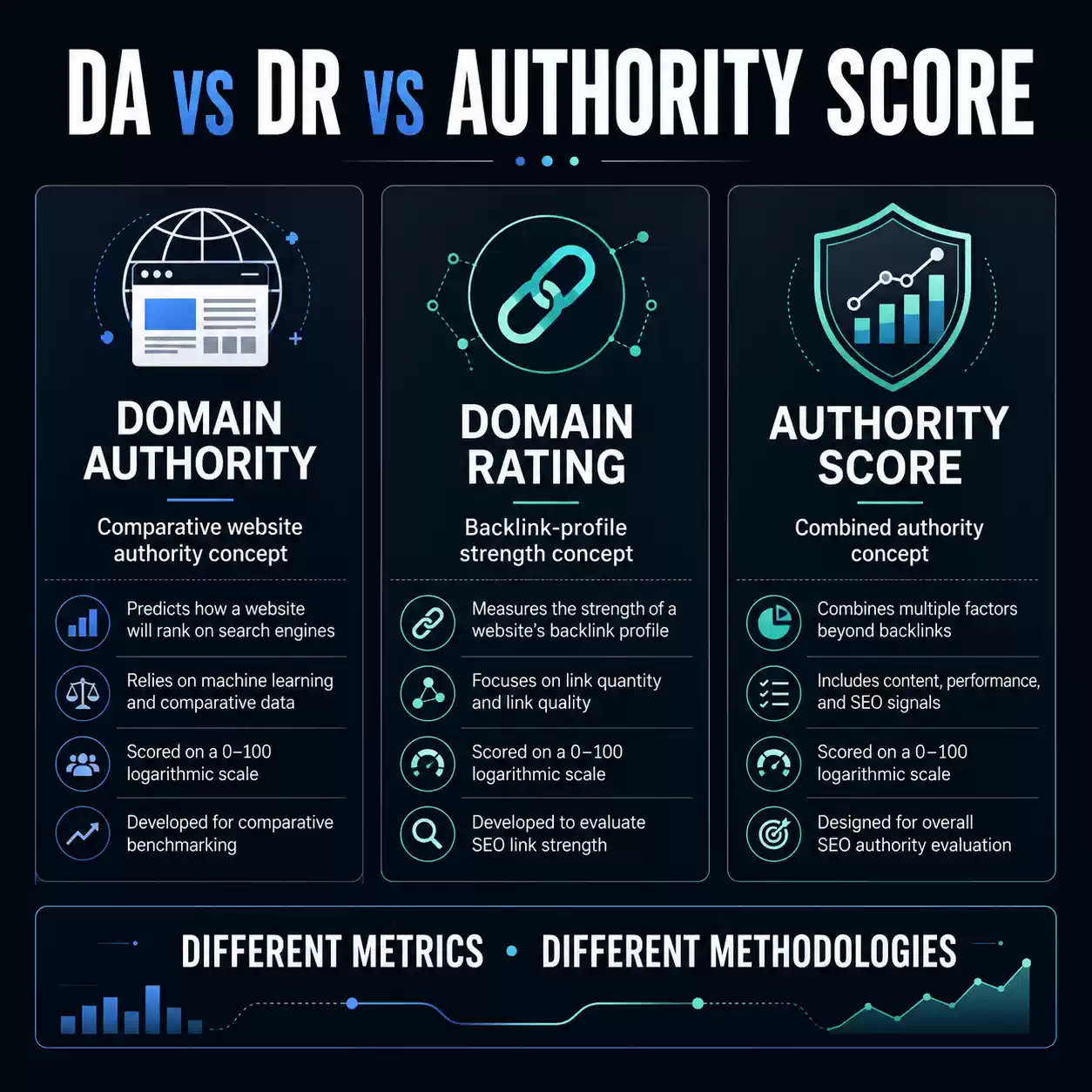 Comparison of Domain Authority, Domain Rating and Authority Score as separate third-party SEO metrics.