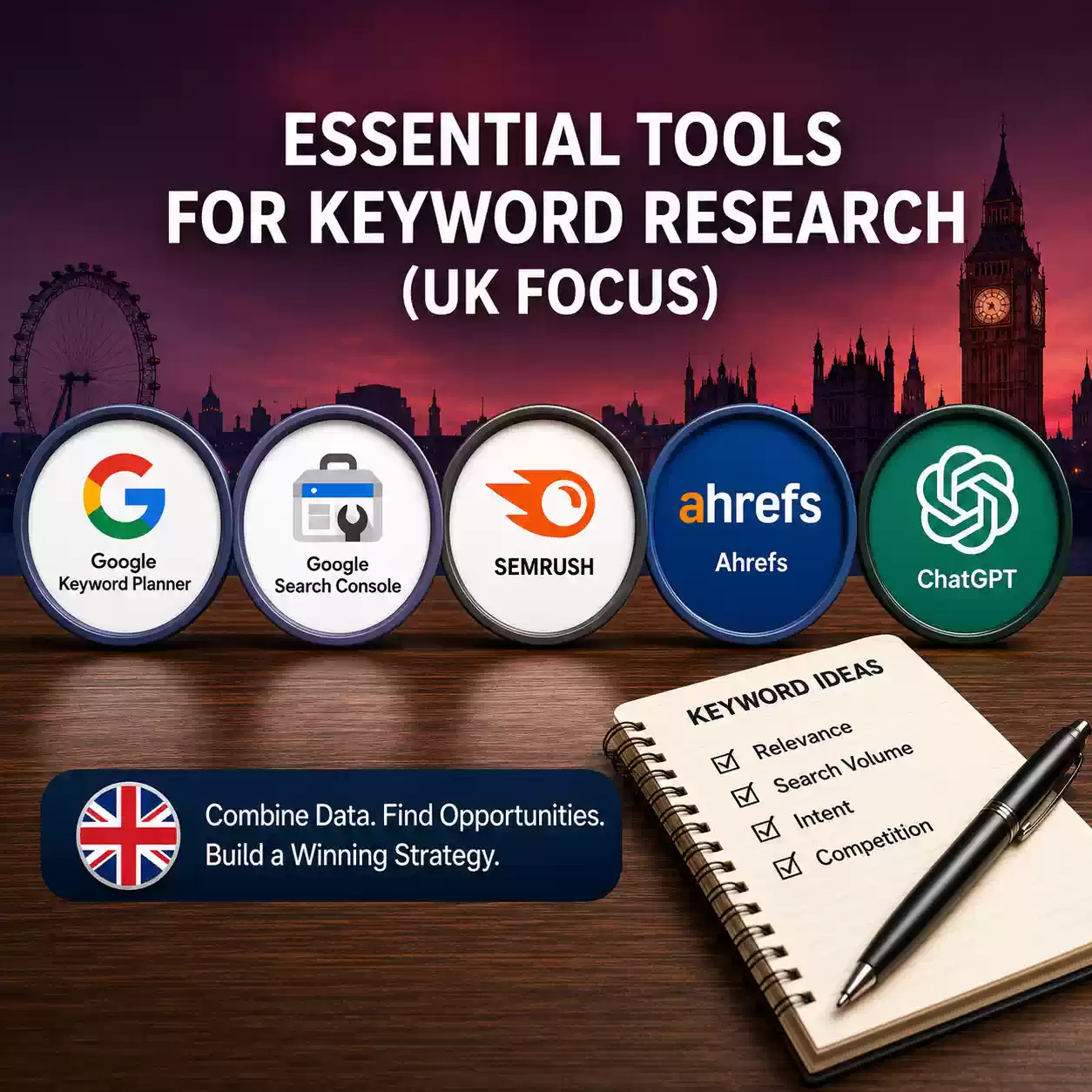 Essential keyword research tools for UK SEO including Google Keyword Planner, Search Console, Semrush, Ahrefs and ChatGPT.