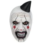 Evil clown mask with white face, red eyes and pointed black hair