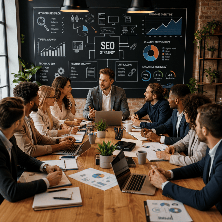 Professional SEO strategy meeting by FJK SEO UK showing a business team discussing keyword research, technical SEO, content strategy, rankings and analytics.