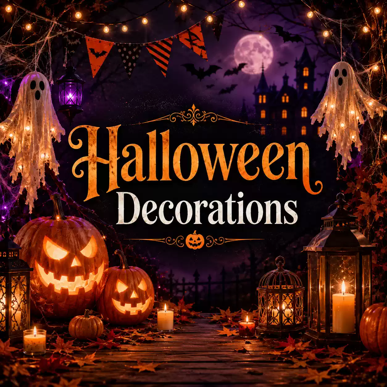 Spooky Halloween decorations banner with pumpkins, lanterns, bats and glowing seasonal décor