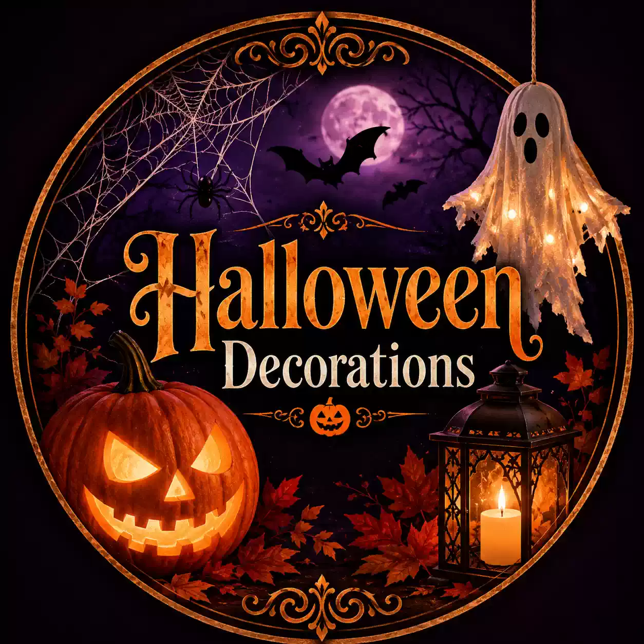 Halloween decorations thumbnail featuring a spooky haunted porch with pumpkins, lights and festive seasonal decor