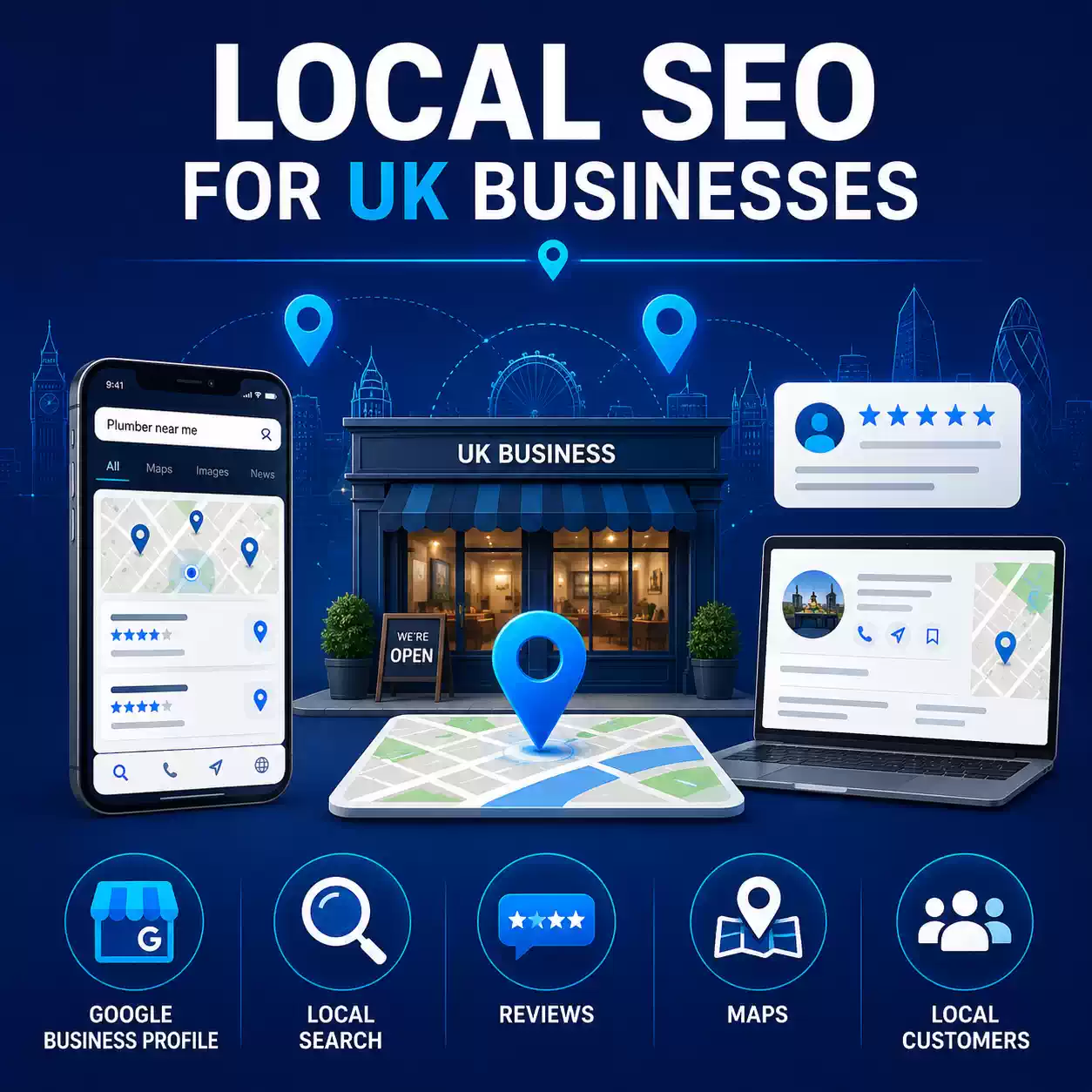 Local SEO for UK businesses showing Google Business Profile, local search, reviews, Maps and nearby customer visibility
