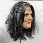 Creepy old woman Halloween mask with wrinkled face and black hair