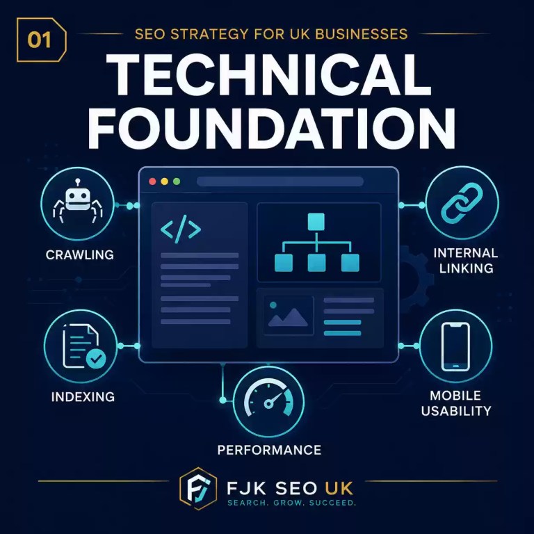 Technical SEO foundation infographic showing crawling, indexing, internal linking, mobile usability and website performance for UK businesses.