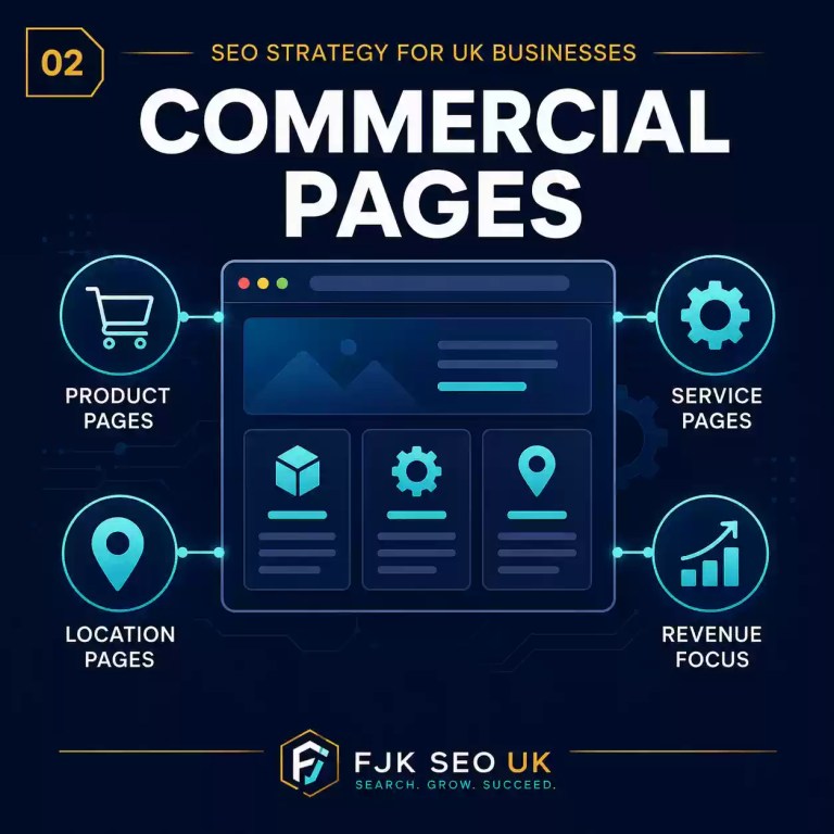 Commercial SEO pages infographic showing product pages, service pages, location pages and revenue-focused website optimisation.