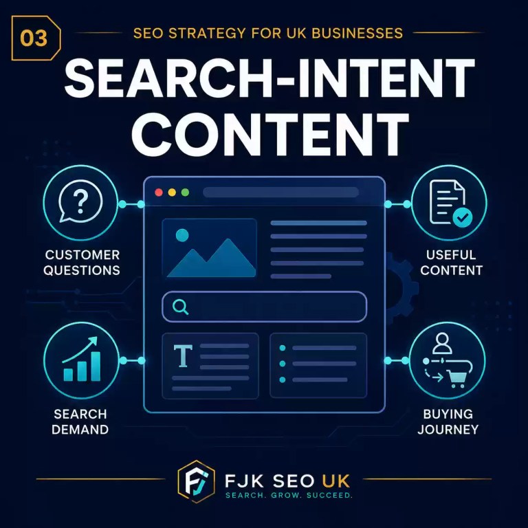 Search intent content infographic showing customer questions, useful content, search demand and the online buying journey for UK businesses.
