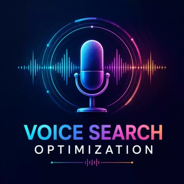 Voice search optimisation graphic with a digital microphone and audio waveforms representing voice-based SEO and conversational search.