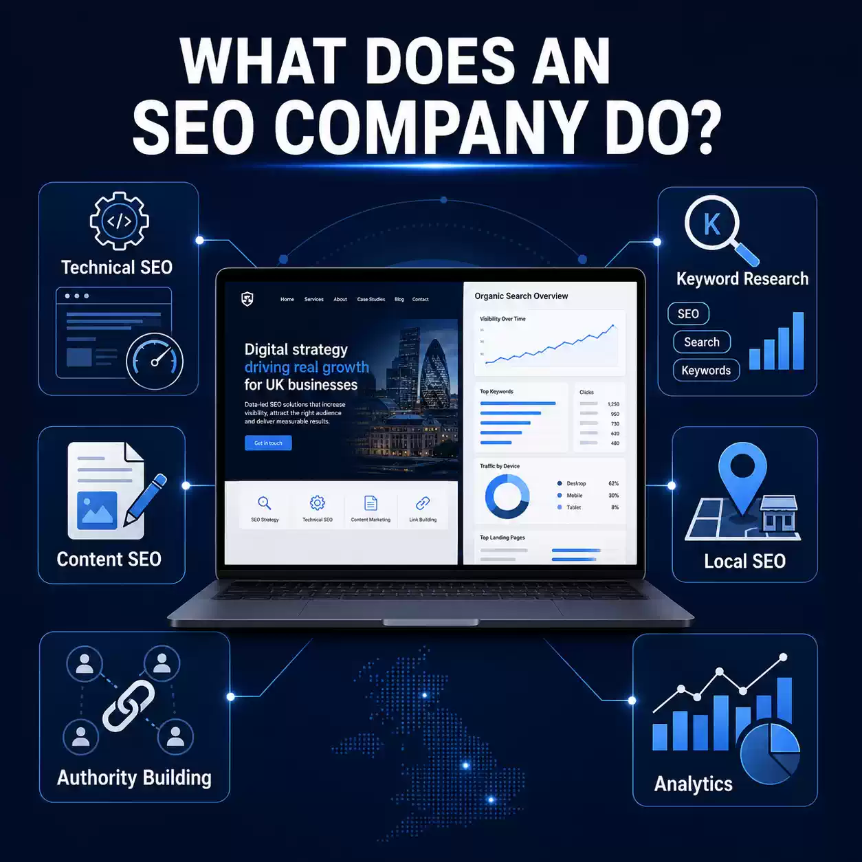 SEO company services including technical SEO, keyword research, content, Local SEO and analytics.