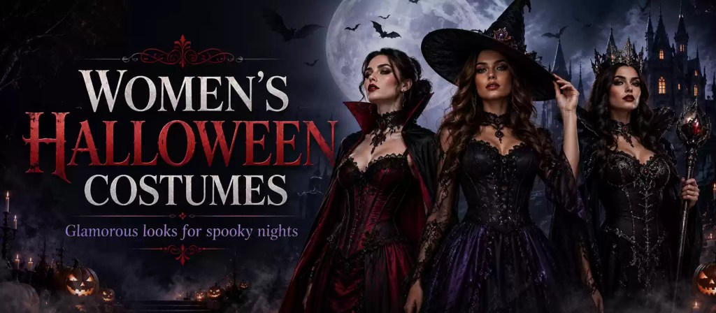 Women wearing vampire, witch and dark queen Halloween costumes in a gothic night setting