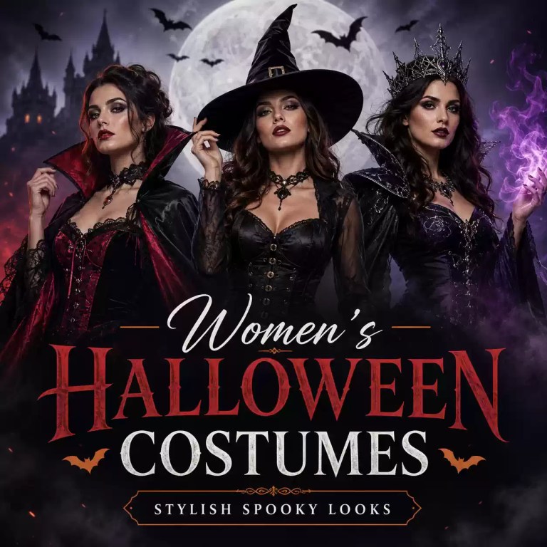 Women’s Halloween costumes category icon featuring a gothic witch under moonlight