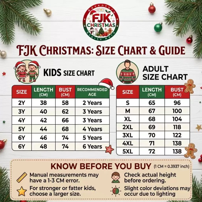 Christmas Size Chart Guide Kids and adult Christmas sweater size chart