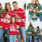 Family wearing matching red and green Christmas reindeer sweaters.
