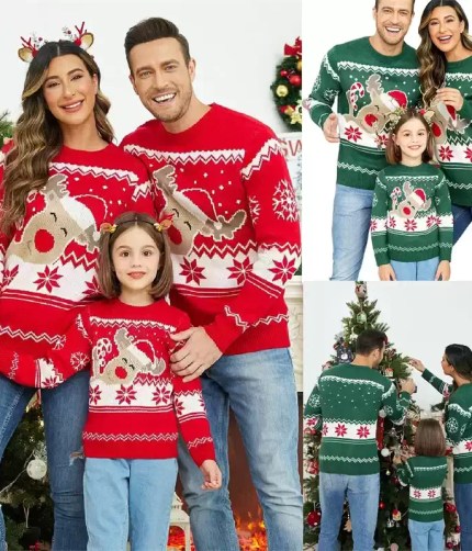 Family wearing matching red and green Christmas reindeer sweaters.