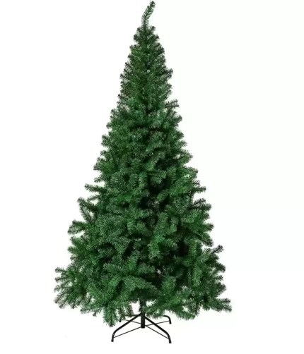 Green artificial Christmas tree with metal stand.