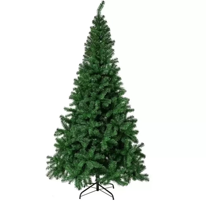 Green artificial Christmas tree with metal stand.