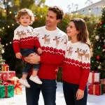 ather holding toddler while posing with mother outdoors in matching red and white reindeer Christmas sweaters.