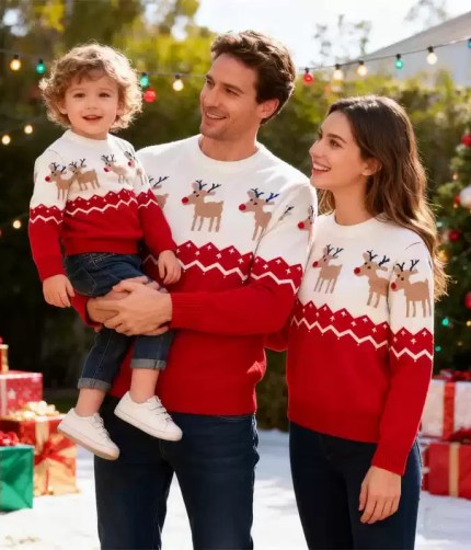 ather holding toddler while posing with mother outdoors in matching red and white reindeer Christmas sweaters.