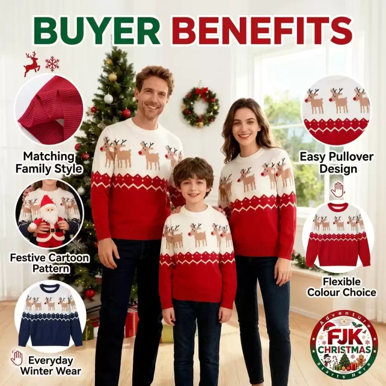 Matching family Christmas sweaters buyer benefits graphic.