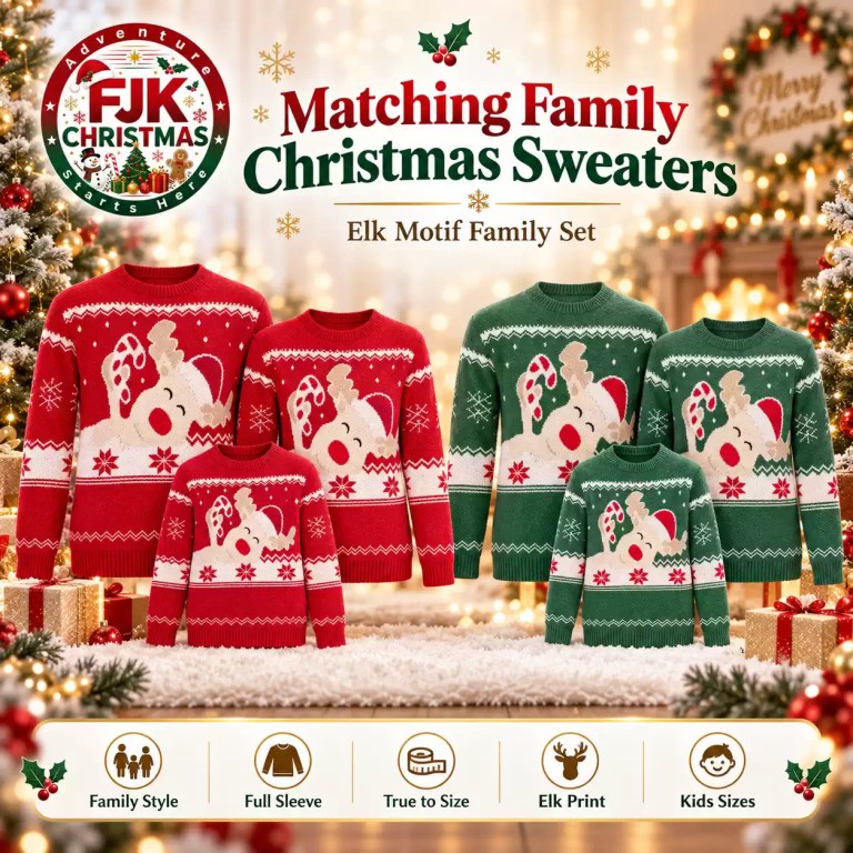 Matching family Christmas sweaters with festive elk print in red and green.