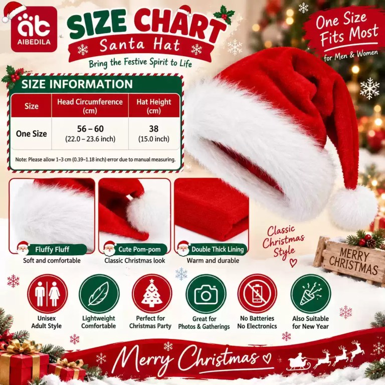 Santa hat size chart with 56–60 cm head circumference and 38 cm height.