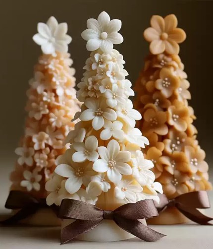 Red rose-design Christmas tree candle displayed with a lit flame in a festive indoor setting.