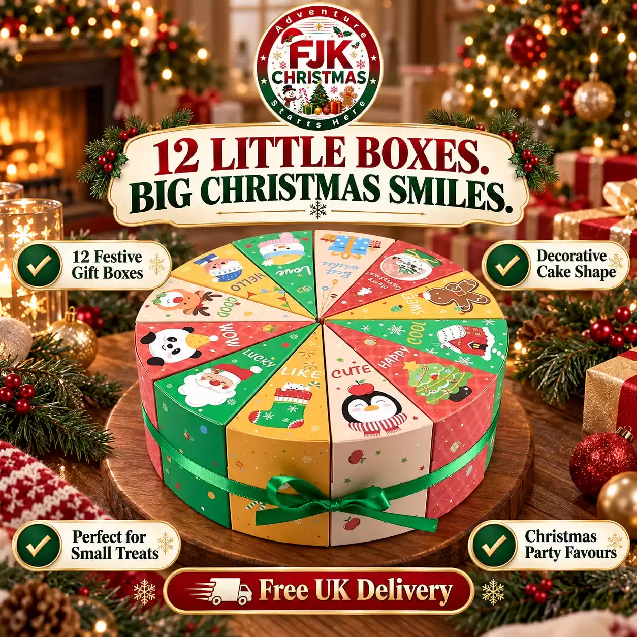 12-piece Christmas cake-shaped gift box set with festive designs for treats, party favours and holiday gifting