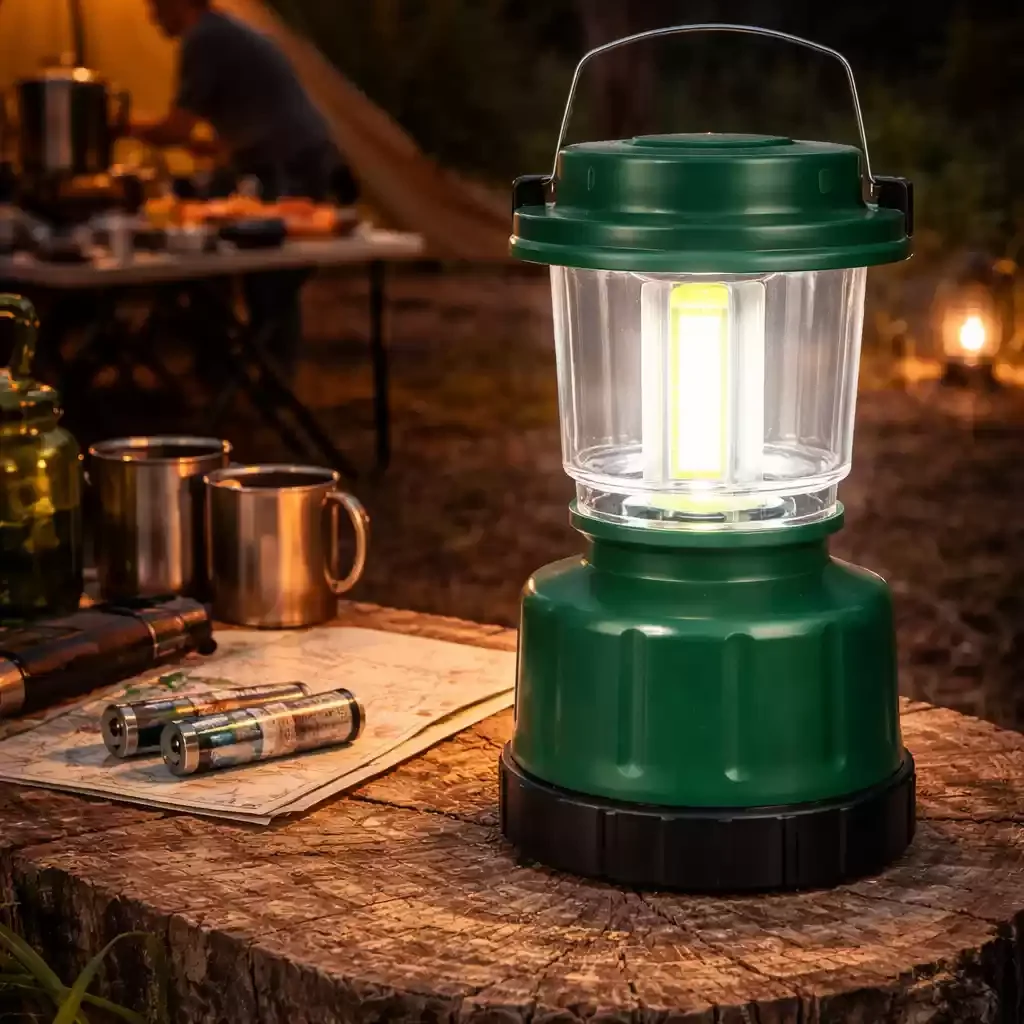 Portable LED camping lantern providing bright light at a campsite, battery-powered outdoor lantern for tent lighting, camping, and night use.